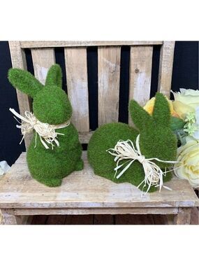 Easter Bunny Rabbit Lot Moss Flocked Covered Green Figurines Raffia Bow Set Farm